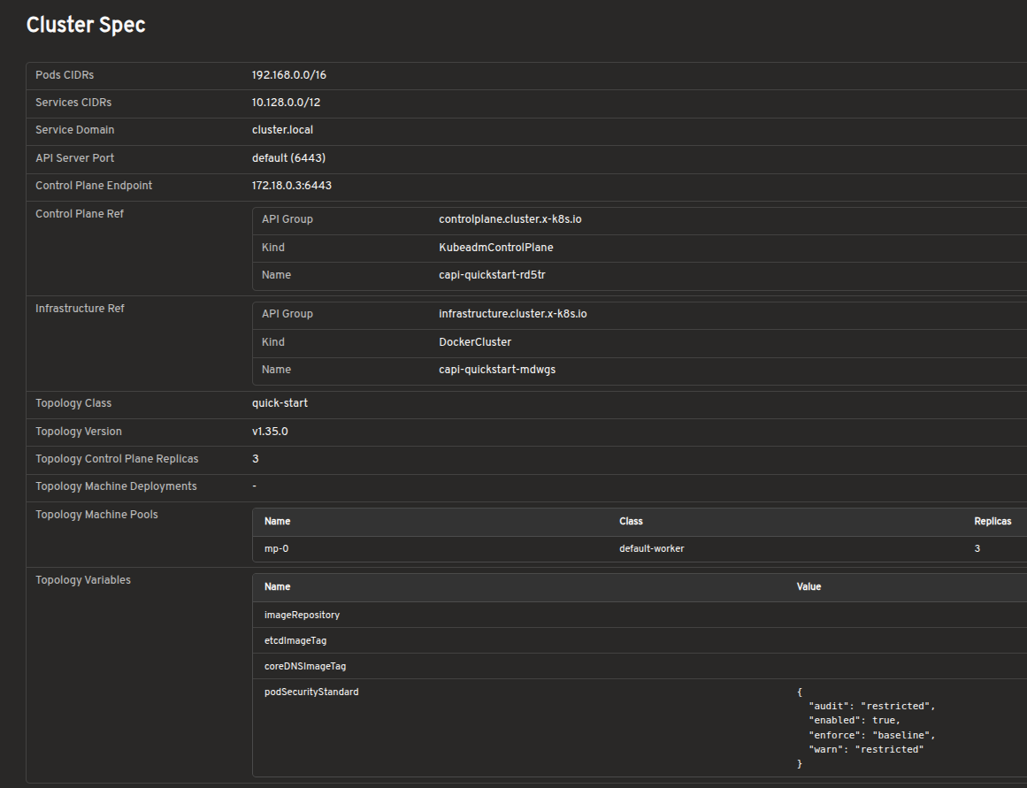 Cluster detail view showing related machines